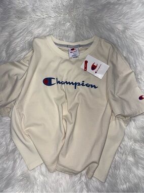 Champion Kids Cream Short-Sleeve Tee with Navy & Red Logo